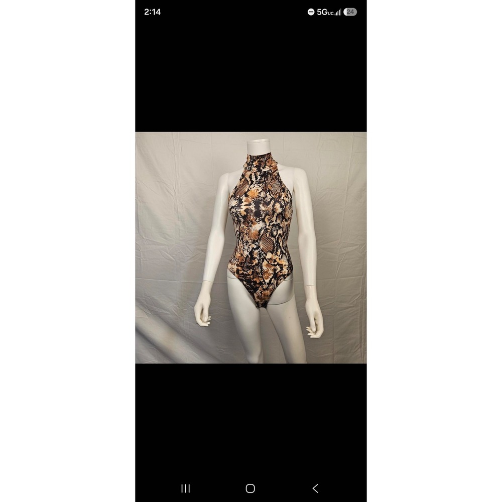 Fashion Nova Snakeskin Print Mock Neck Open Back Bodysuit Brown Black Small